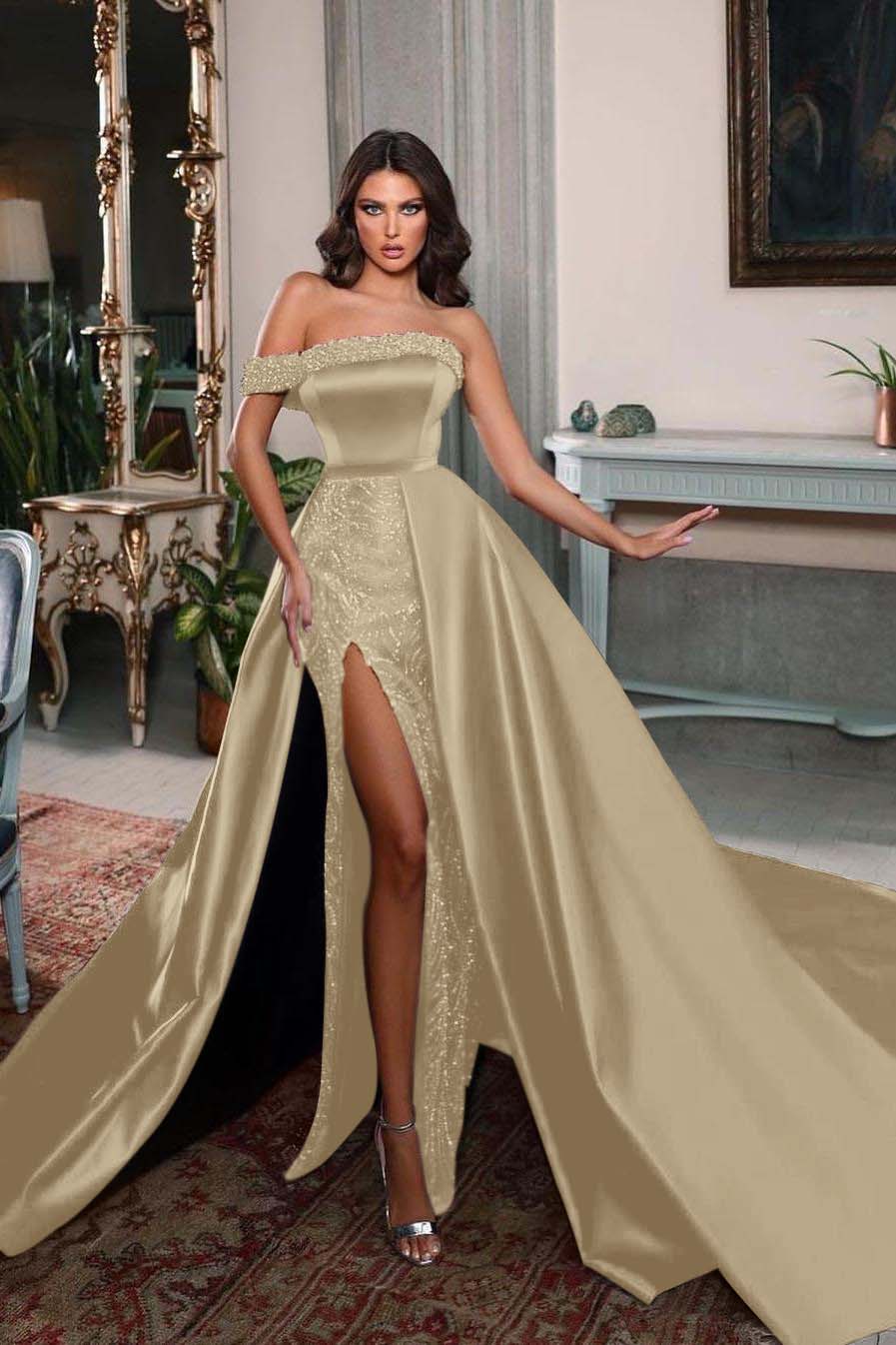 Detachable Train Prom Dress Cap Sleeve One Shoulder Formal Dress With Beadings and Rhinestones