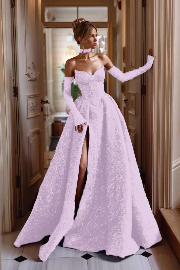 Detachable Train Prom Dress Long Sleeve Sweetheart Formal Dress With Sequins