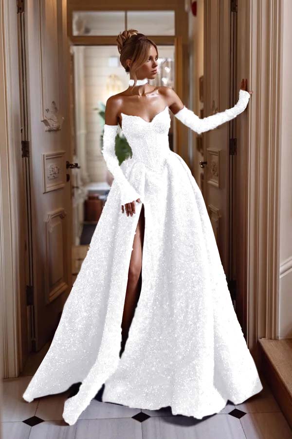 Detachable Train Prom Dress Long Sleeve Sweetheart Formal Dress With Sequins