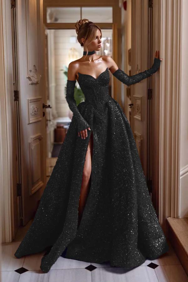 Detachable Train Prom Dress Long Sleeve Sweetheart Formal Dress With Sequins