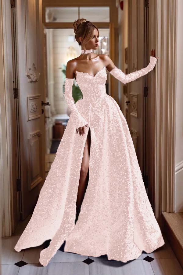 Detachable Train Prom Dress Long Sleeve Sweetheart Formal Dress With Sequins