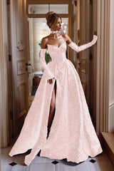 Detachable Train Prom Dress Long Sleeve Sweetheart Formal Dress With Sequins