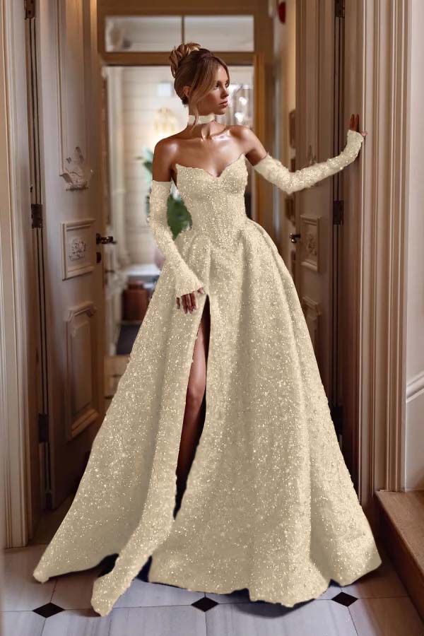 Detachable Train Prom Dress Long Sleeve Sweetheart Formal Dress With Sequins