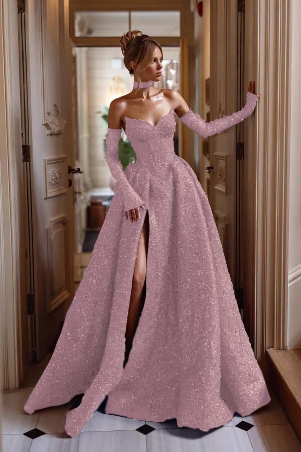 Detachable Train Prom Dress Long Sleeve Sweetheart Formal Dress With Sequins