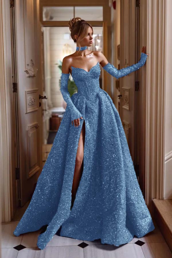 Detachable Train Prom Dress Long Sleeve Sweetheart Formal Dress With Sequins