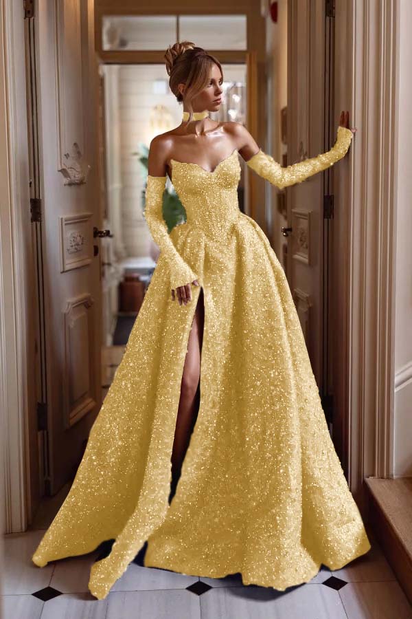 Detachable Train Prom Dress Long Sleeve Sweetheart Formal Dress With Sequins