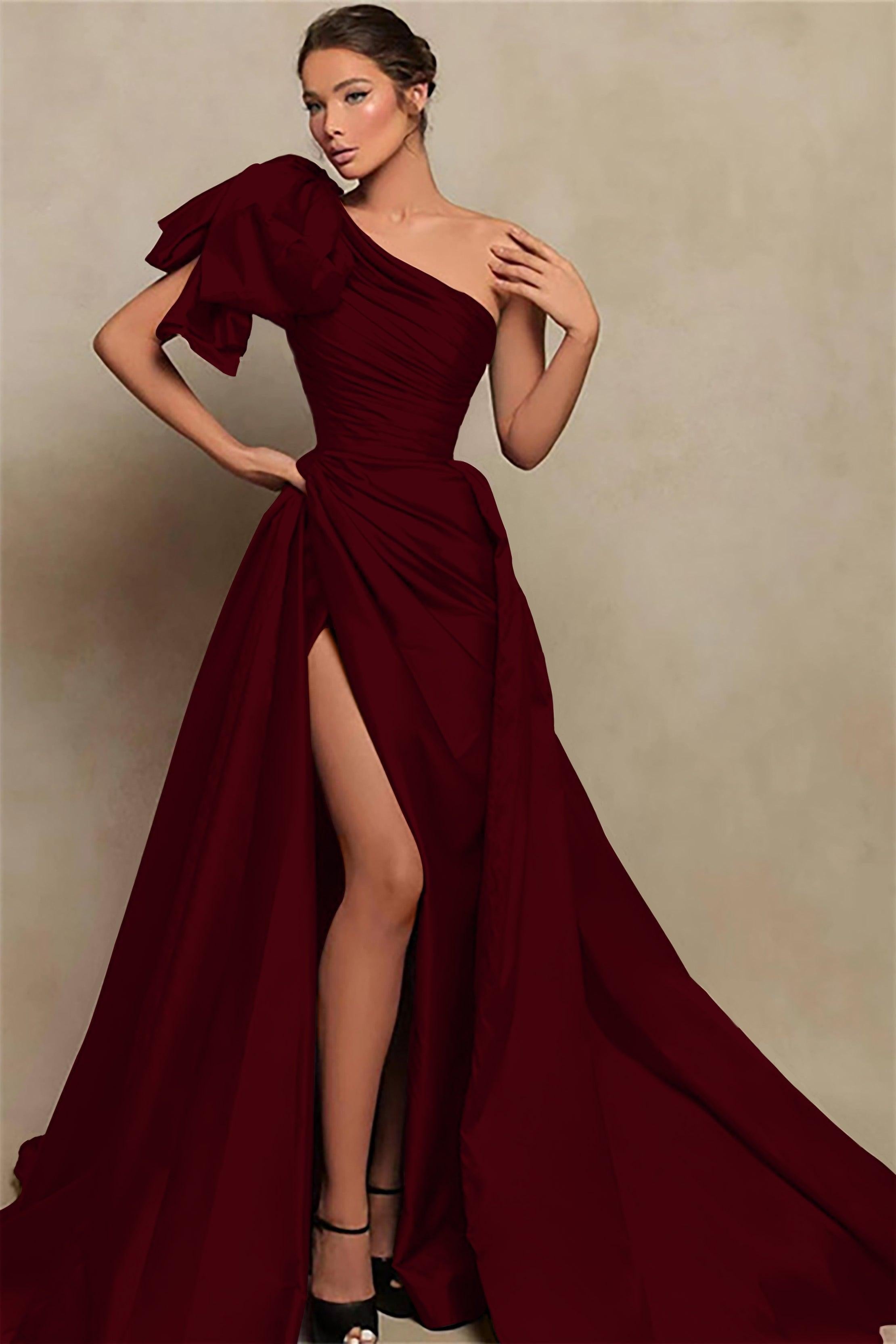Detachable Train Prom Dress Sleeveless One Shoulder Satin Formal Dress