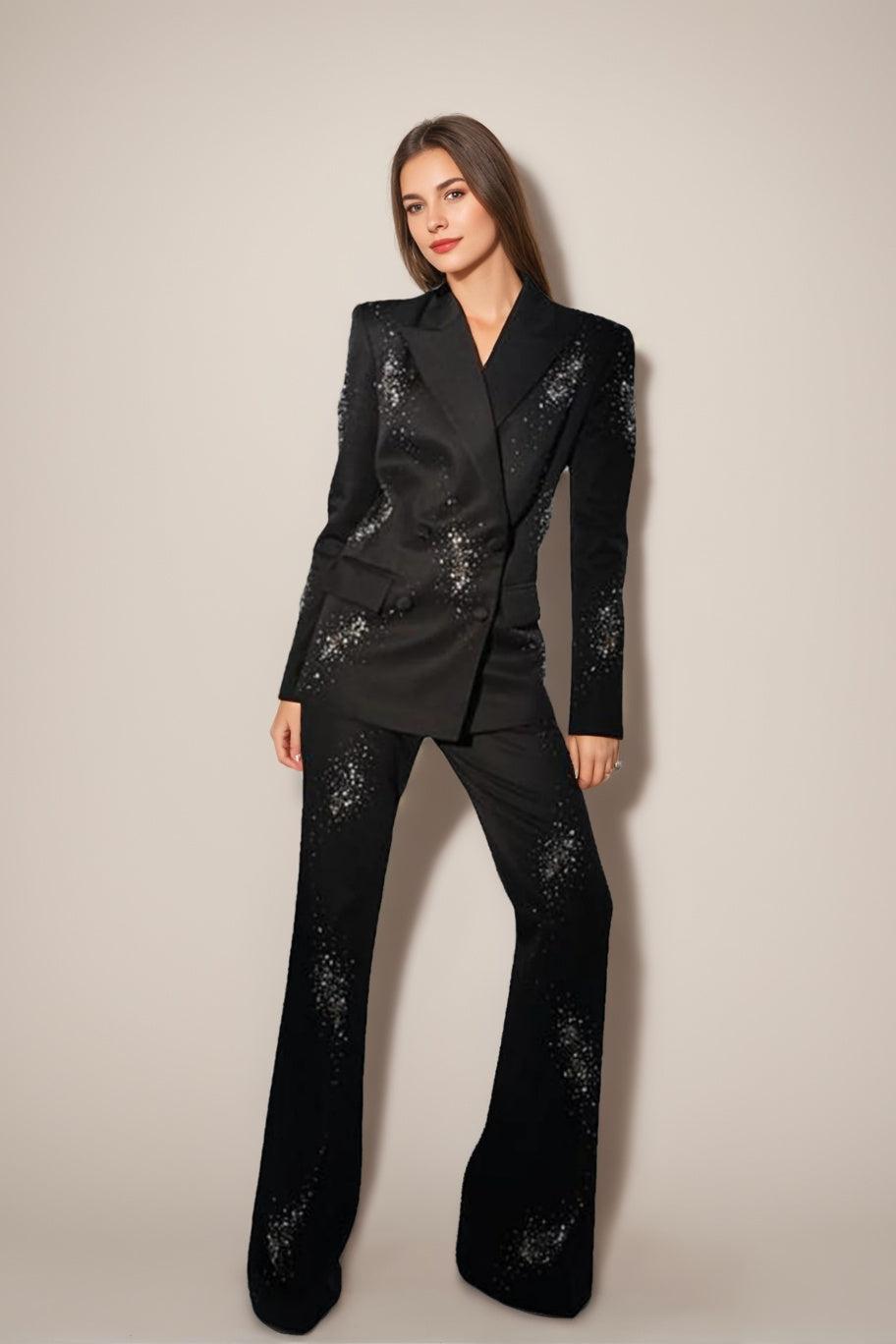 Double-Breasted Black Suits For Women With Sparkly Peak Lapels