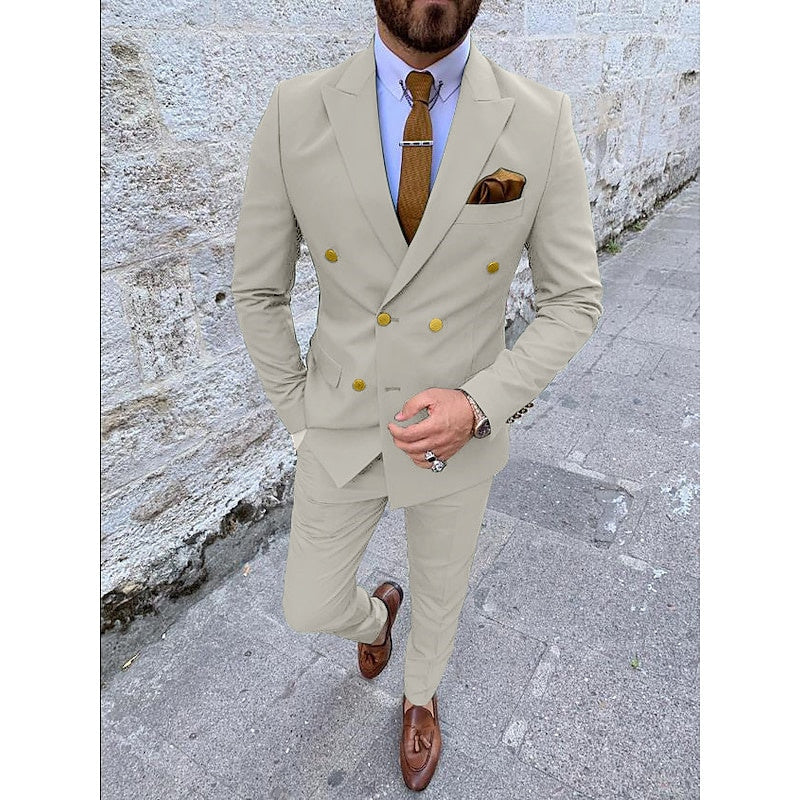 Double Breasted Six-Button Men's Wedding Suit In Solid Colors Tailored Fit 2-Piece Set