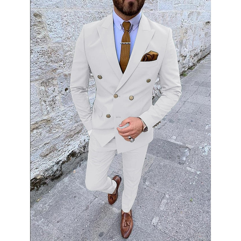 Double Breasted Six-Button Men's Wedding Suit In Solid Colors Tailored Fit 2-Piece Set