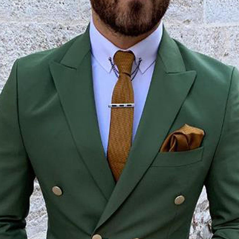 Double Breasted Six-Button Men's Wedding Suit In Solid Colors Tailored Fit 2-Piece Set