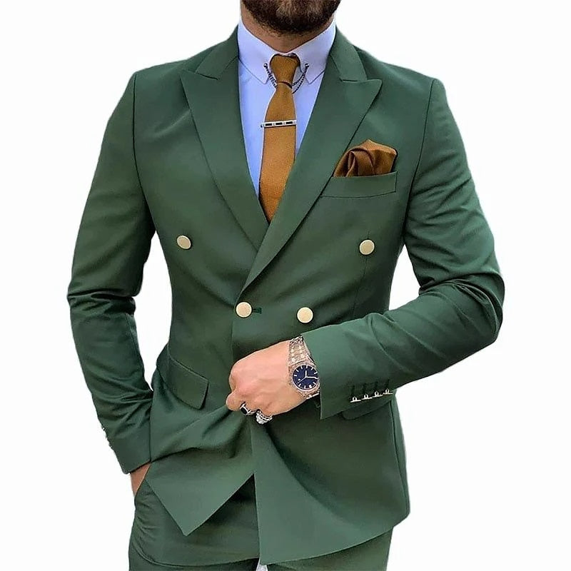Double Breasted Six-Button Men's Wedding Suit In Solid Colors Tailored Fit 2-Piece Set