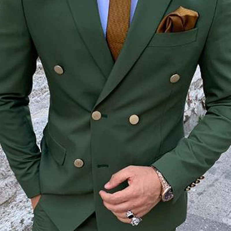 Double Breasted Six-Button Men's Wedding Suit In Solid Colors Tailored Fit 2-Piece Set