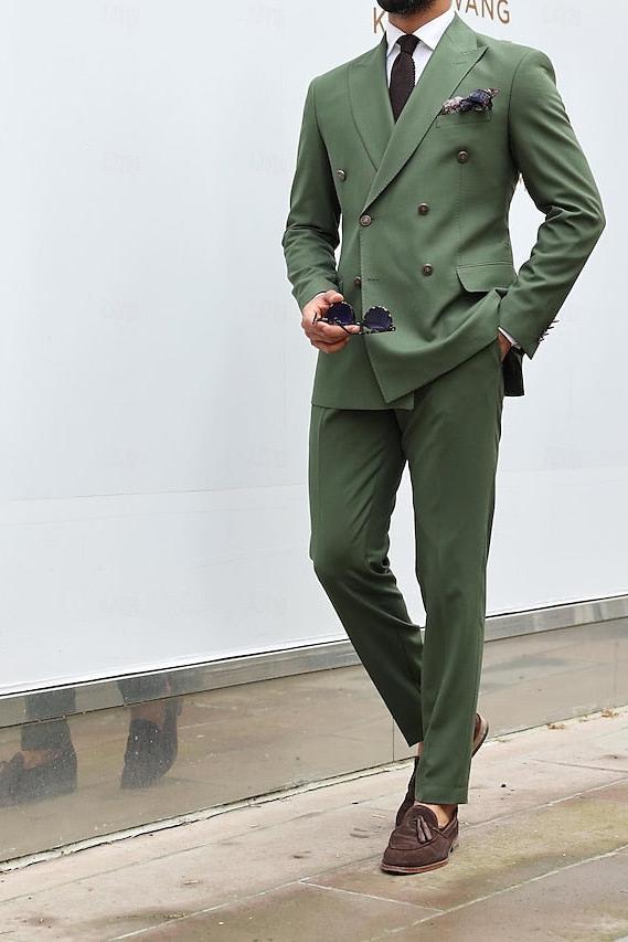 Double-Breasted Six-Button Tailored Fit Wedding Suit For Men 2-Piece Set