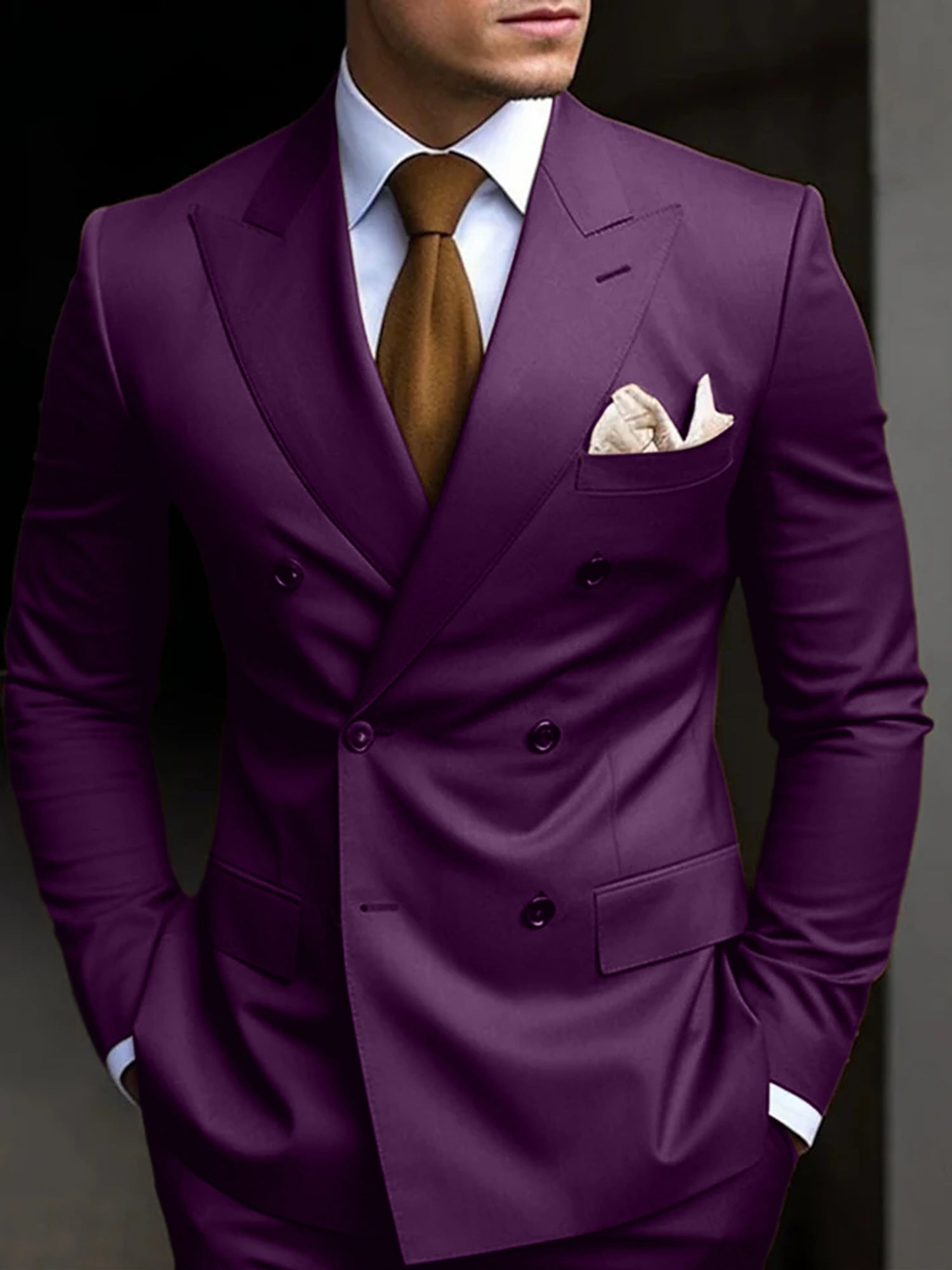 Double Breasted Six-Button Tailored Fit Wedding Suit For Men In Solid Colors