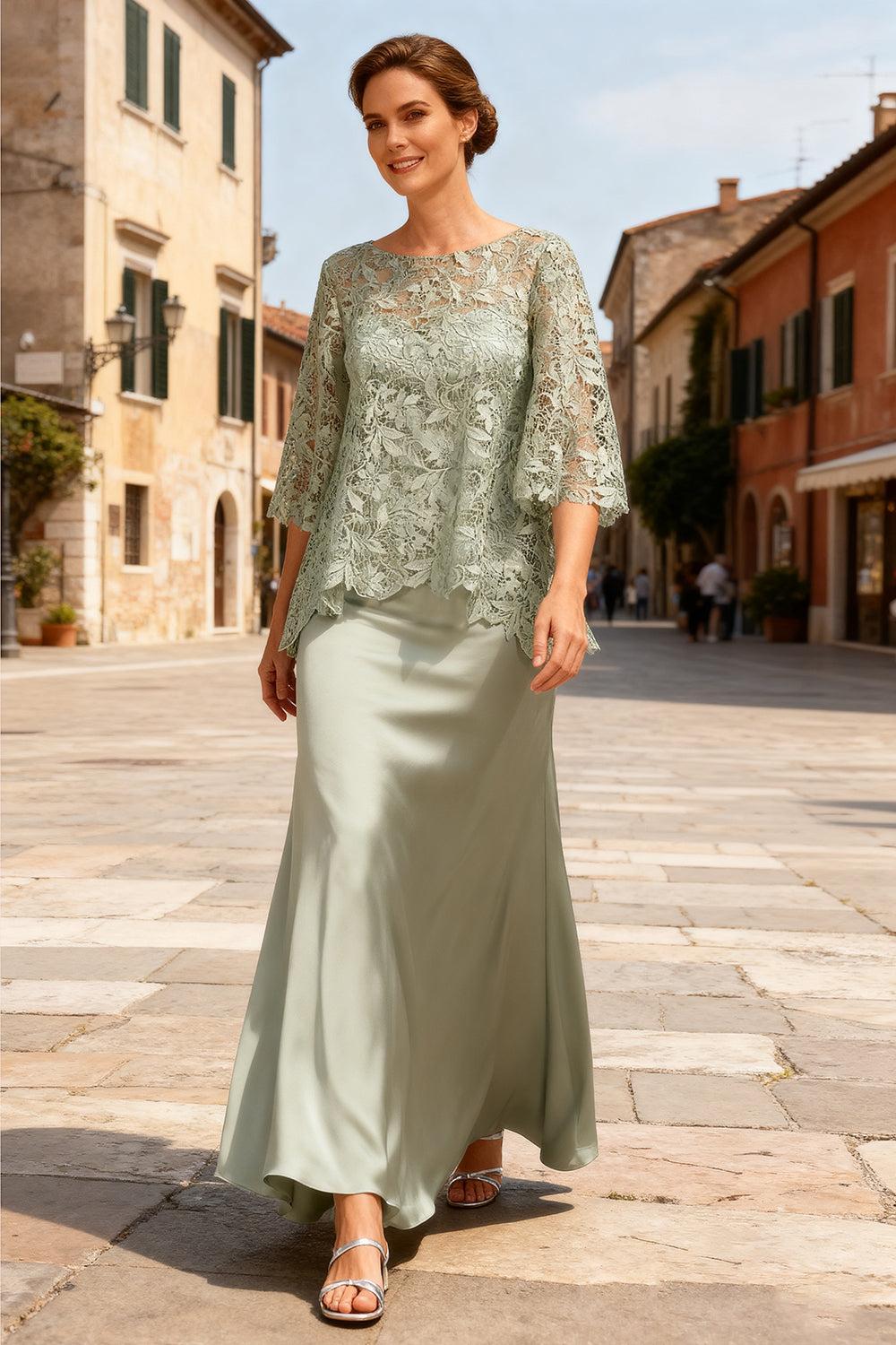 Dreamyannie Dusty Sage Satin Bateau Neck Ankle Length Mother Of The Bride Dress With Sleeves