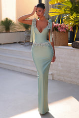 Dreamyannie Light Green Prom Dress Column V Neck Beaded Spaghetti Strap Sleeveless Satin Formal Dress