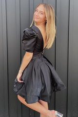Dressystars A-Line Black Homecoming Dress V-neck Short Prom Dress with Puff Sleeves