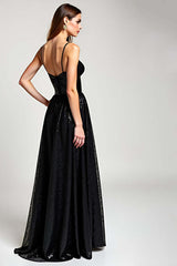 Dressystars A Line Black Wedding Guest Dress Long Formal Dress With Slit