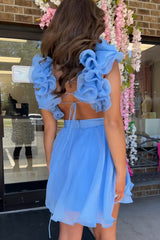 Dressystars A Line Blue Homecoming Dress Floral Short Prom Dress