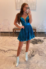 Dressystars A-Line Blue Homecoming Dress Spaghetti Straps Metallic Short Prom Dress