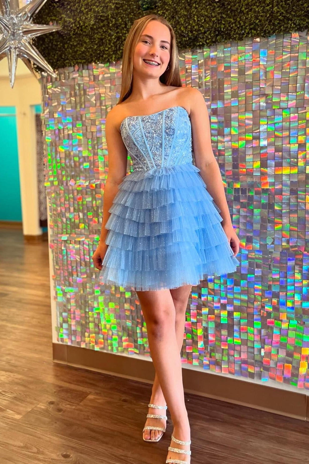 Dressystars A Line Blue Homecoming Dress Strapless Corset Short Prom Dress with Ruffles