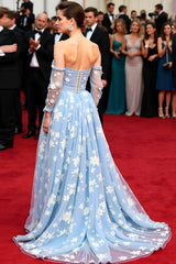 Dressystars A Line Blue Wedding Guest Dress Flowers Tulle Off The Shoulder Gala Dress With Long Sleeves