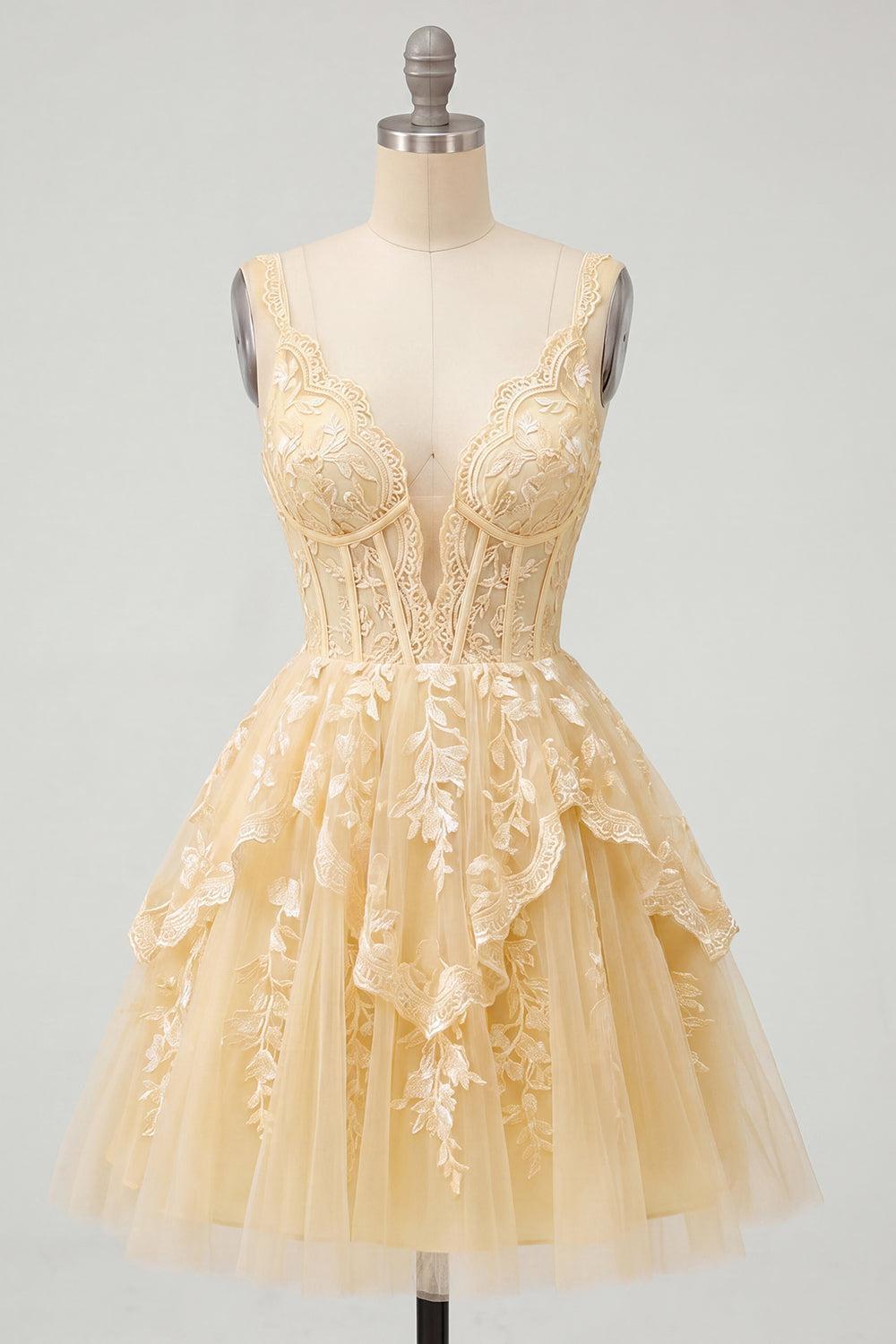 Dressystars A Line Butter Yellow Lace V-Neck Ruffled Short Corset Homecoming Dress