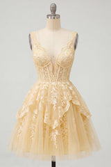 Dressystars A Line Butter Yellow Lace V-Neck Ruffled Short Corset Homecoming Dress