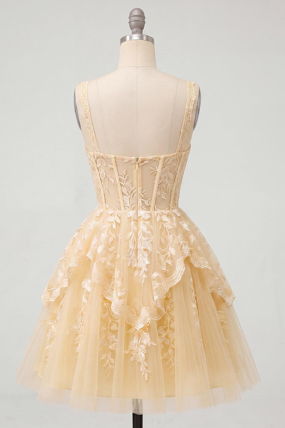 Dressystars A Line Butter Yellow Lace V-Neck Ruffled Short Corset Homecoming Dress