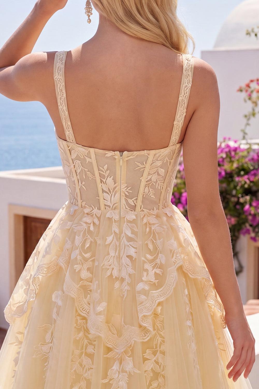 Dressystars A Line Butter Yellow Lace V-Neck Ruffled Short Corset Homecoming Dress