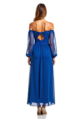 Dressystars A Line Chiffon Royal Blue Wedding Guest Dress Long Formal Dress With Long Sleeves