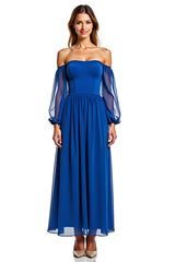 Dressystars A Line Chiffon Royal Blue Wedding Guest Dress Long Formal Dress With Long Sleeves