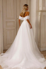 Dressystars A Line Chiffon Tulle Off The Shoulder Sleeveless White Wedding Dress Bridal Gown With Split Front