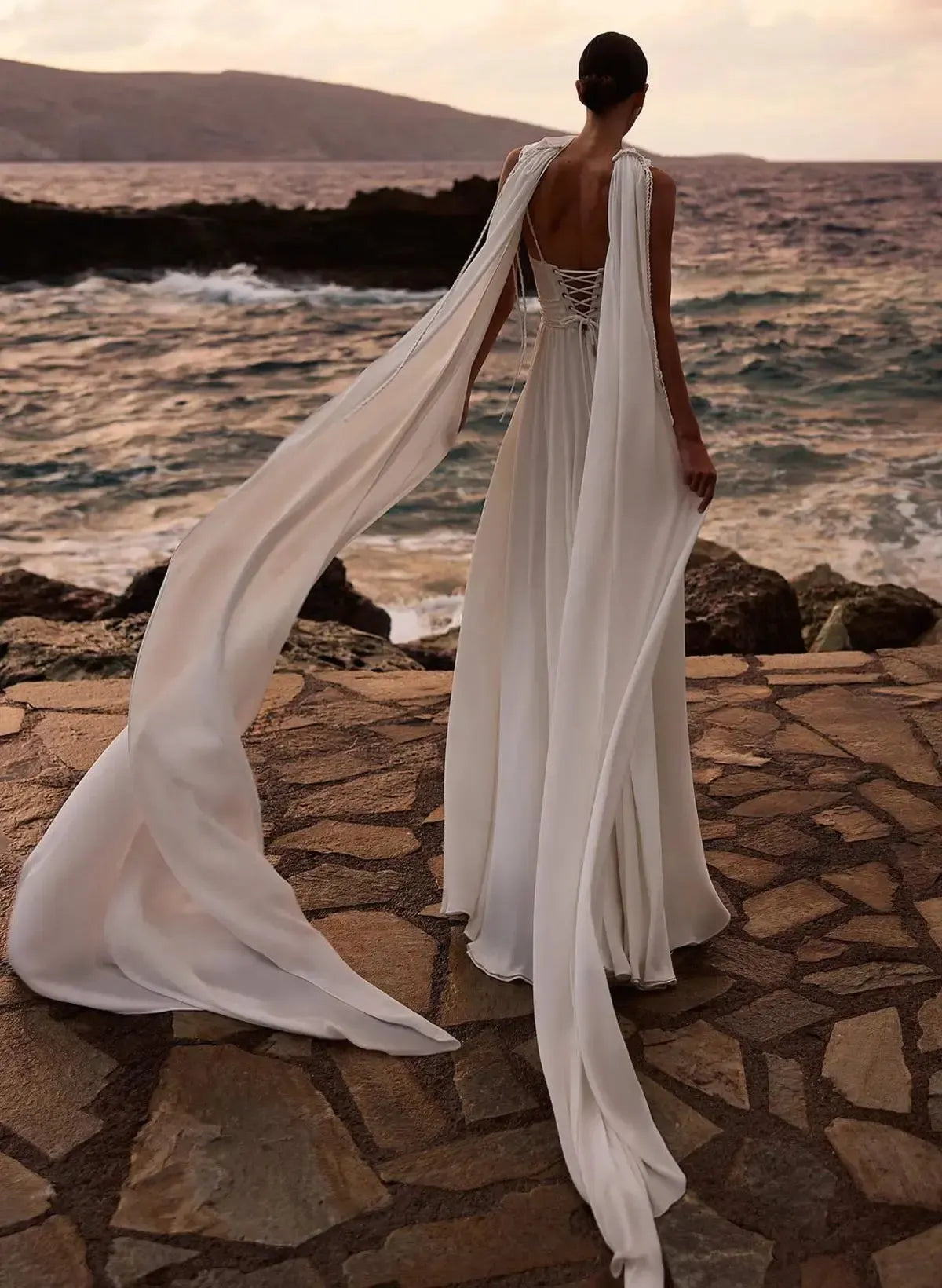 Dressystars A Line Cowl Neck Sleeveless Floor Length Stretch Satin Wedding Dress with Pockets and Detachable Shawl