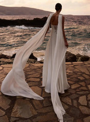 Dressystars A Line Cowl Neck Sleeveless Floor Length Stretch Satin Wedding Dress with Pockets and Detachable Shawl