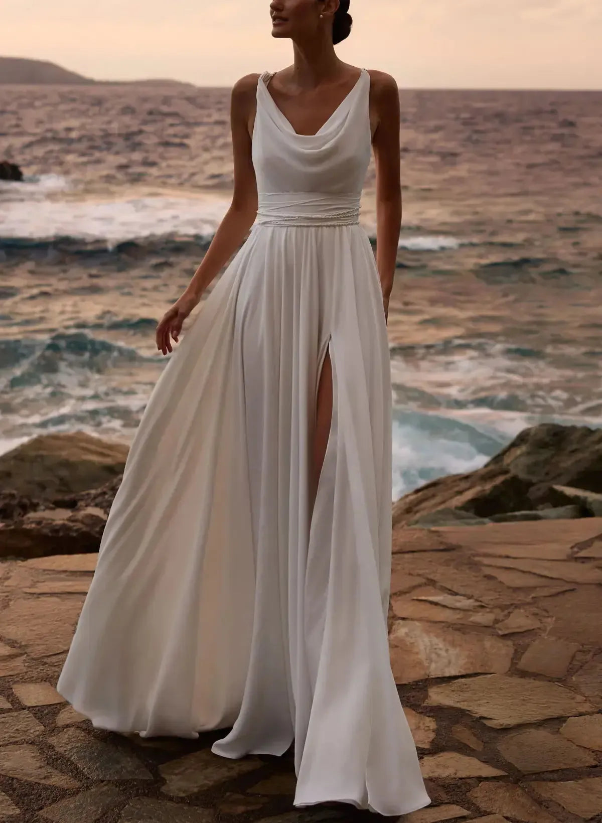 Dressystars A Line Cowl Neck Sleeveless Floor Length Stretch Satin Wedding Dress with Pockets and Detachable Shawl