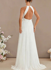Dressystars A Line Cowl Neck Sleeveless Sweep Train Chiffon Wedding Dress with Bow and Pockets