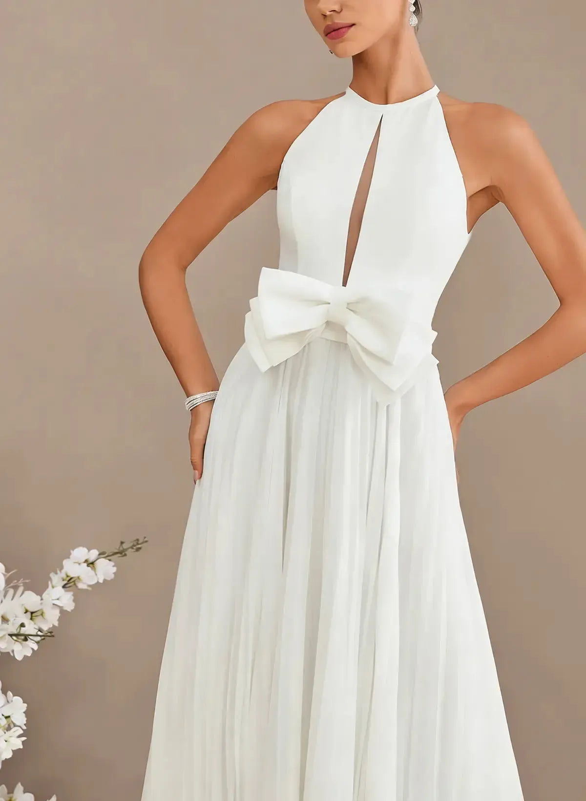Dressystars A Line Cowl Neck Sleeveless Sweep Train Chiffon Wedding Dress with Bow and Pockets