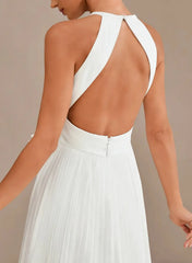Dressystars A Line Cowl Neck Sleeveless Sweep Train Chiffon Wedding Dress with Bow and Pockets