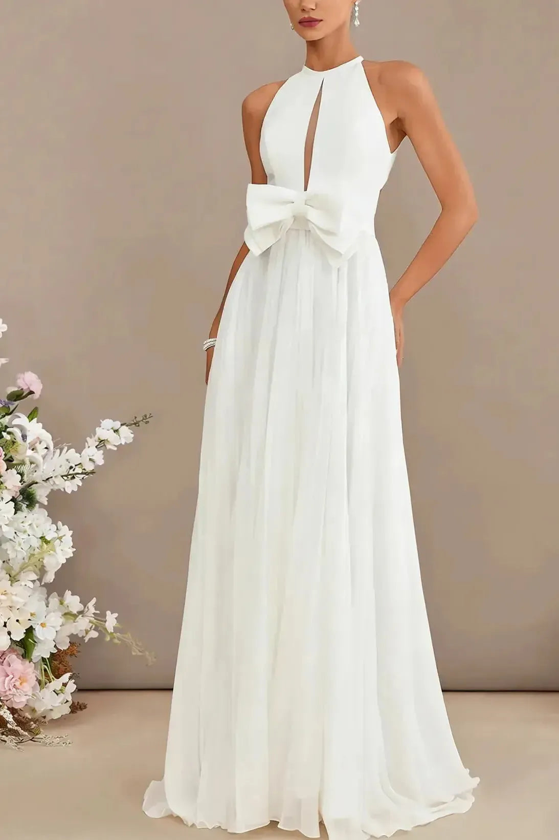 Dressystars A Line Cowl Neck Sleeveless Sweep Train Chiffon Wedding Dress with Bow and Pockets