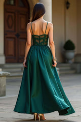 Dressystars A Line Dark Green Wedding Guest Dress Satin Backless Long Formal Dress