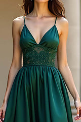 Dressystars A Line Dark Green Wedding Guest Dress Satin Backless Long Formal Dress
