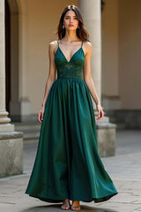 Dressystars A Line Dark Green Wedding Guest Dress Satin Backless Long Formal Dress