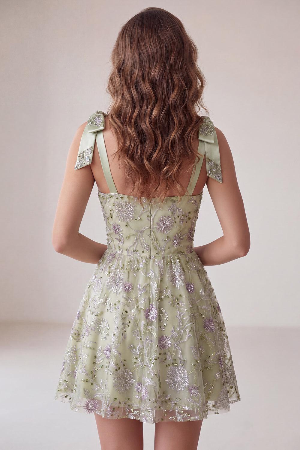 Dressystars A-Line Floral Dusty Sage Short Beaded Homecoming Dress with Bows