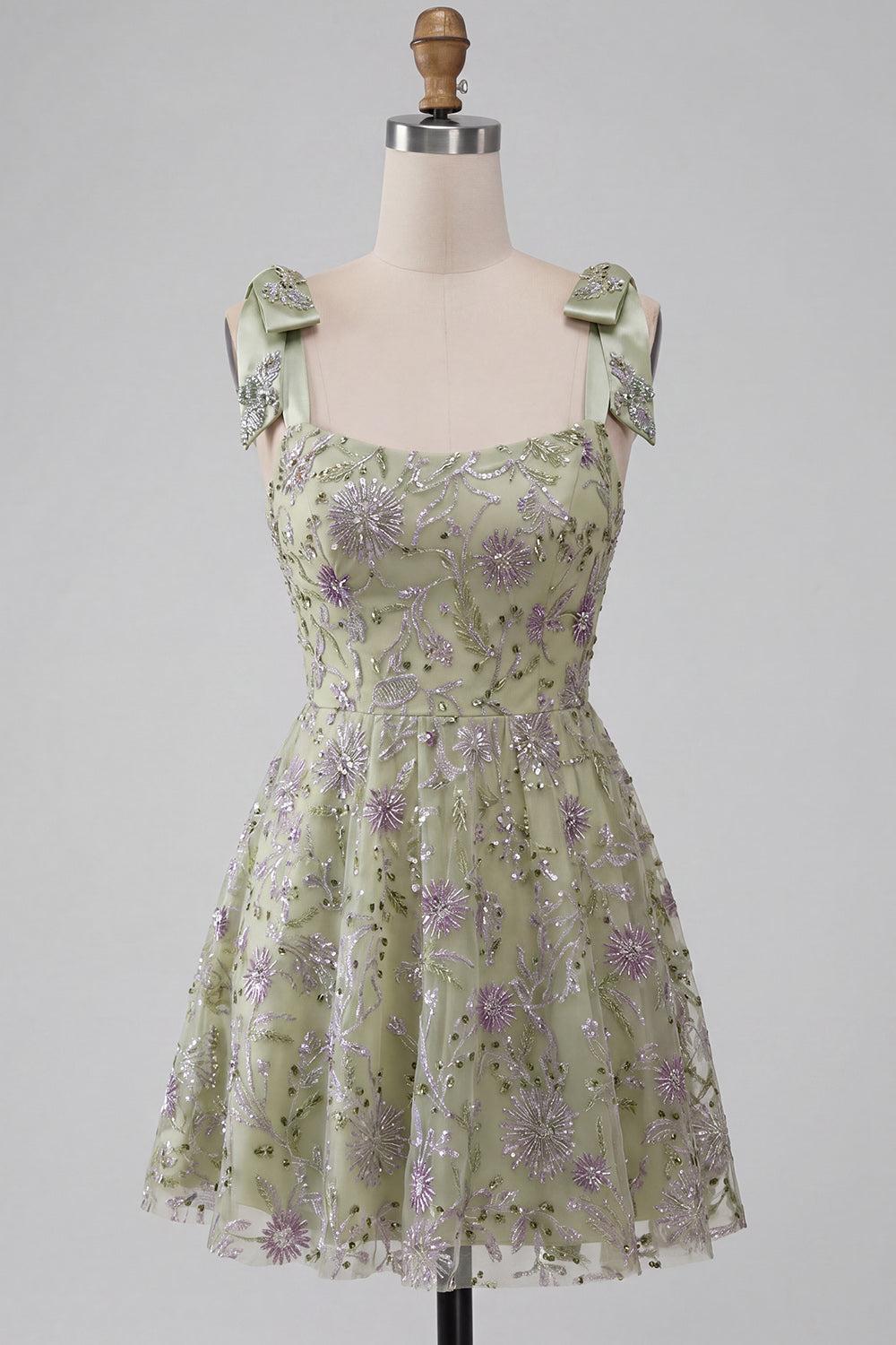 Dressystars A-Line Floral Dusty Sage Short Beaded Homecoming Dress with Bows