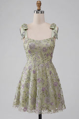 Dressystars A-Line Floral Dusty Sage Short Beaded Homecoming Dress with Bows