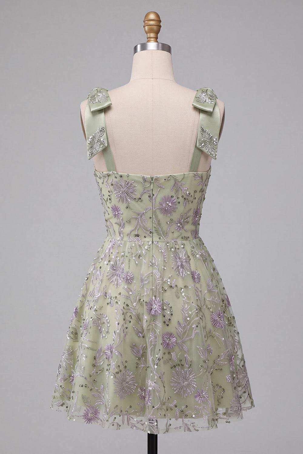 Dressystars A-Line Floral Dusty Sage Short Beaded Homecoming Dress with Bows