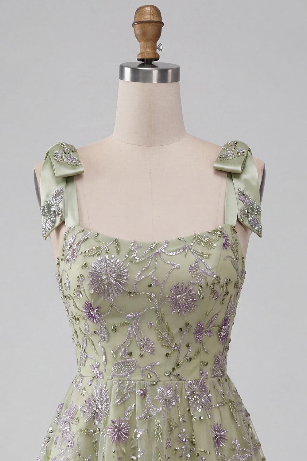 Dressystars A-Line Floral Dusty Sage Short Beaded Homecoming Dress with Bows