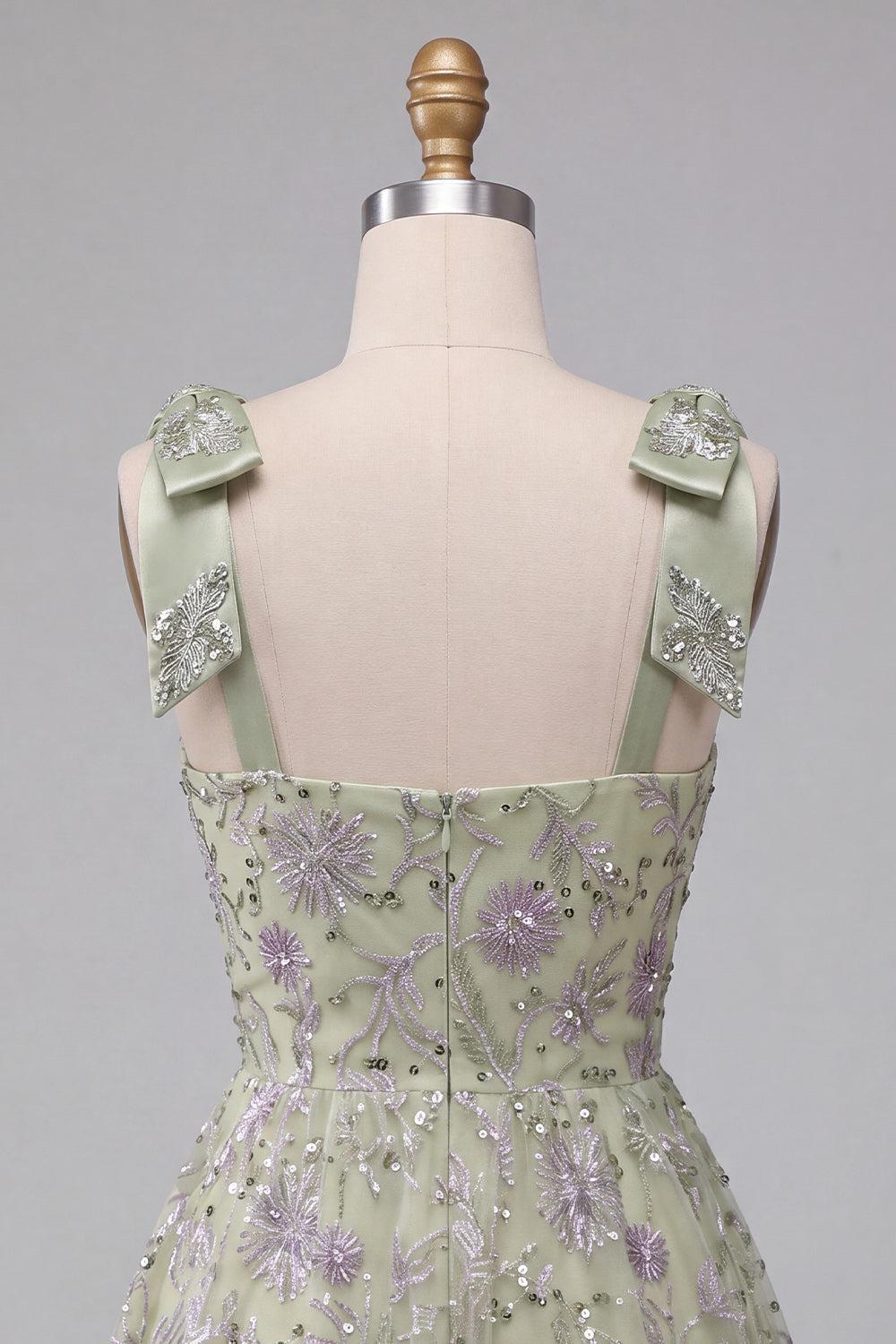 Dressystars A-Line Floral Dusty Sage Short Beaded Homecoming Dress with Bows